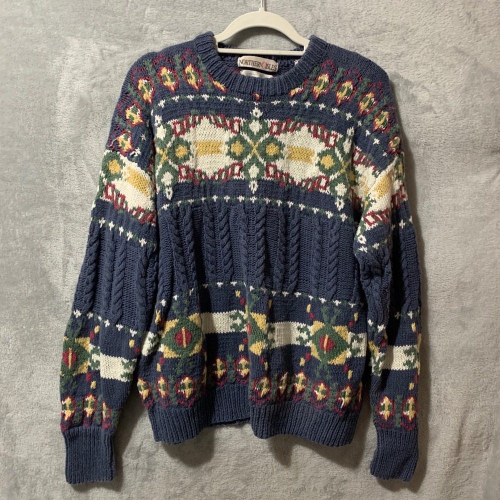 Northern Isles Hand Knitted L Fair Isle Cable Knit Sweater Blue Cotton Boho Flaw